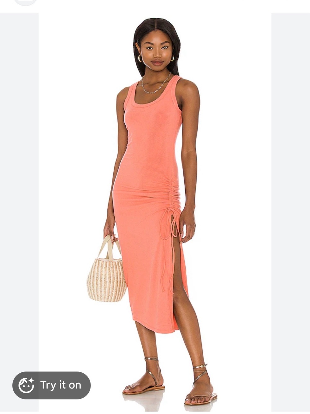 Ribbed Coral Tank Dress with Side Tie
